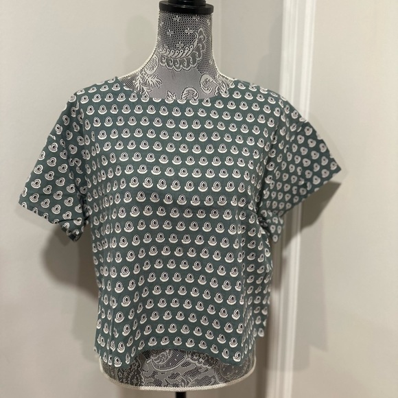 Women’s L/XL Cotton Boxy Lightweight Teal Repeat Oval Abstract Pattern Blouse. - Picture 1 of 16